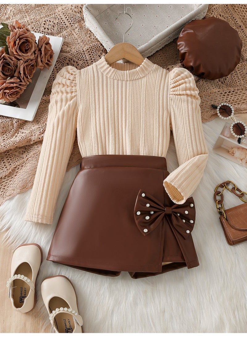 Smarties AE Girls Boutique Outfit Set, Beige Ribbed Knit Sweater with Puff Sleeves and Brown Faux Leather Skirt with Pearl Bow Detail, 3 Piece Long Sleeve Set - Image 2
